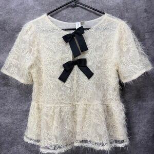 Joie Coquette Bow Peplum Knit Top Women's S Cream Black Fuzzy Lace Floral